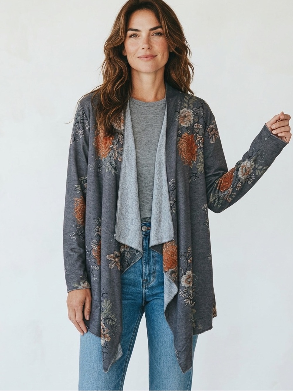 “The Kimberly” Floral Open-Front Cardigan Sweater - Gray